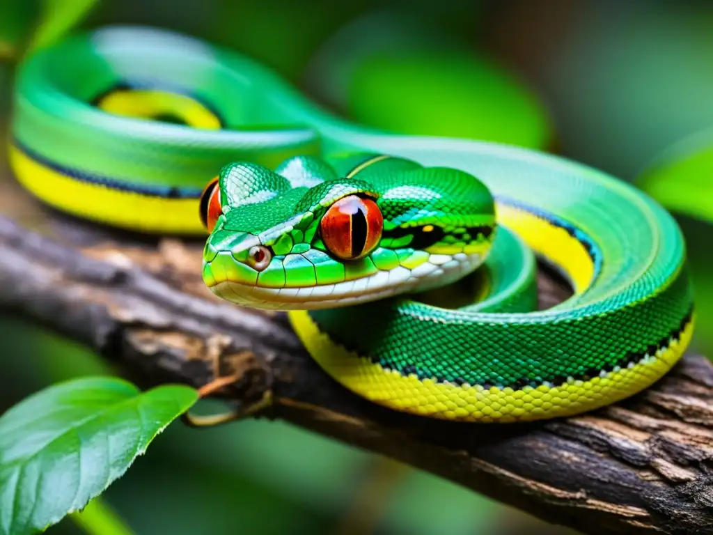 Una serpiente verde se enrosca entre ramas en la selva, mostrando la simbiosis en ecosistemas de reptiles