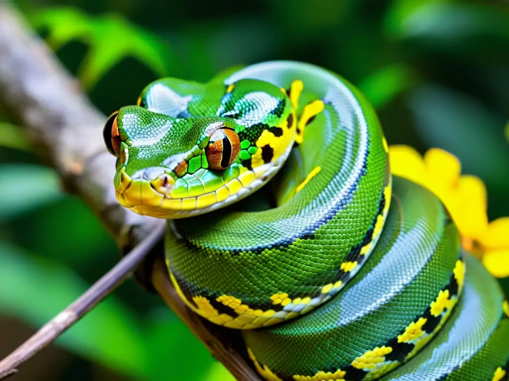 Una serpiente pitón verde en la selva tropical captura en detalle la simbiosis en ecosistemas de reptiles