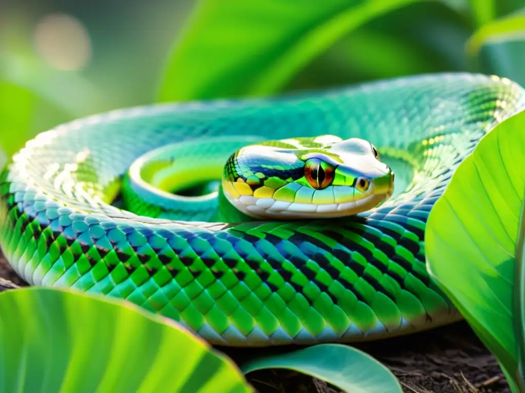 Un serpiente verde vibrante serpentea entre cultivos, con escamas brillantes al sol, mientras agricultores trabajan en el fondo