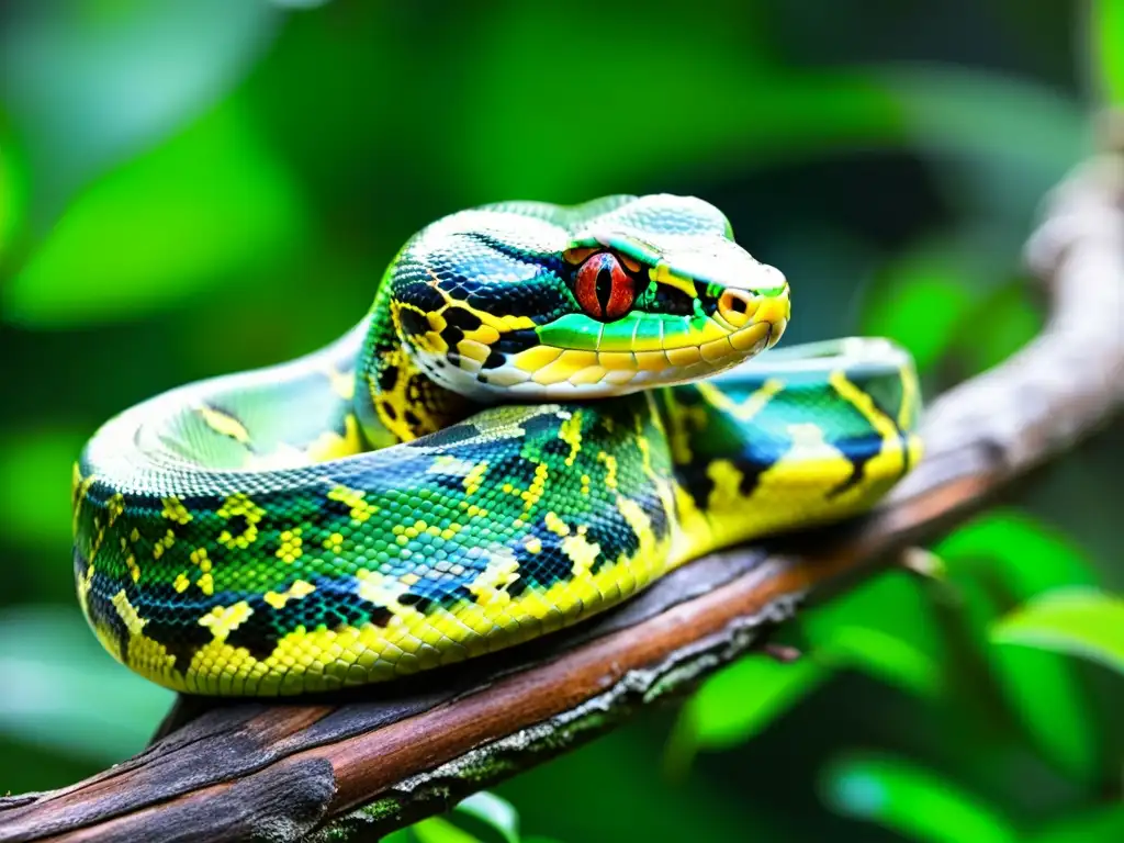 Una serpiente pitón verde vibrante, enroscada en una rama en la selva tropical