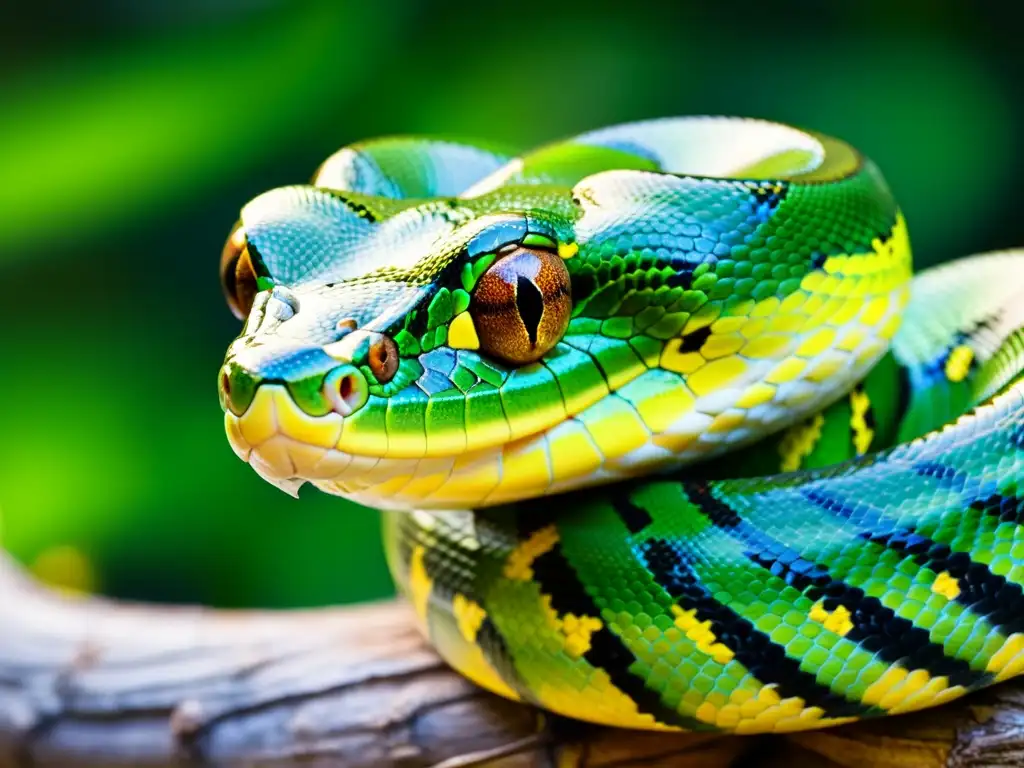 Una serpiente pitón verde vibrante enroscada alrededor de una rama, con sus escamas brillando al sol