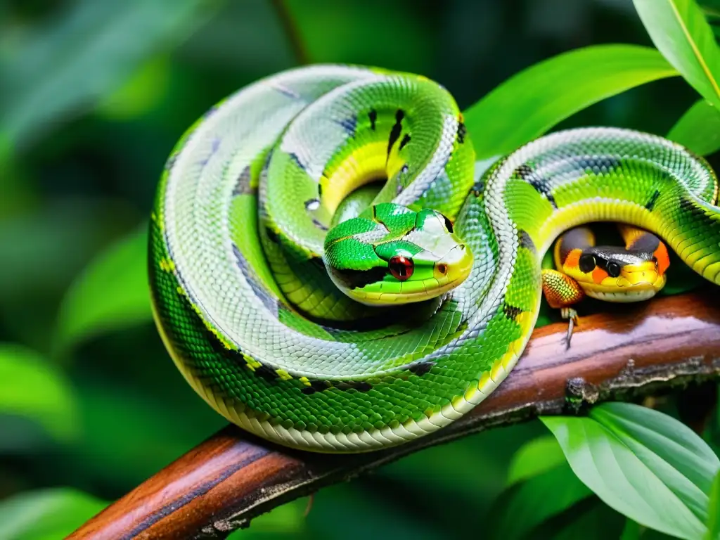 Una serpiente verde vibrante enroscada en una rama en la selva, resaltando la delicada belleza del hábitat y la necesidad de conservación