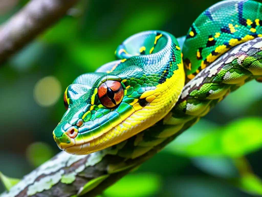 Una serpiente pitón verde vibrante enroscada alrededor de una rama en la selva tropical