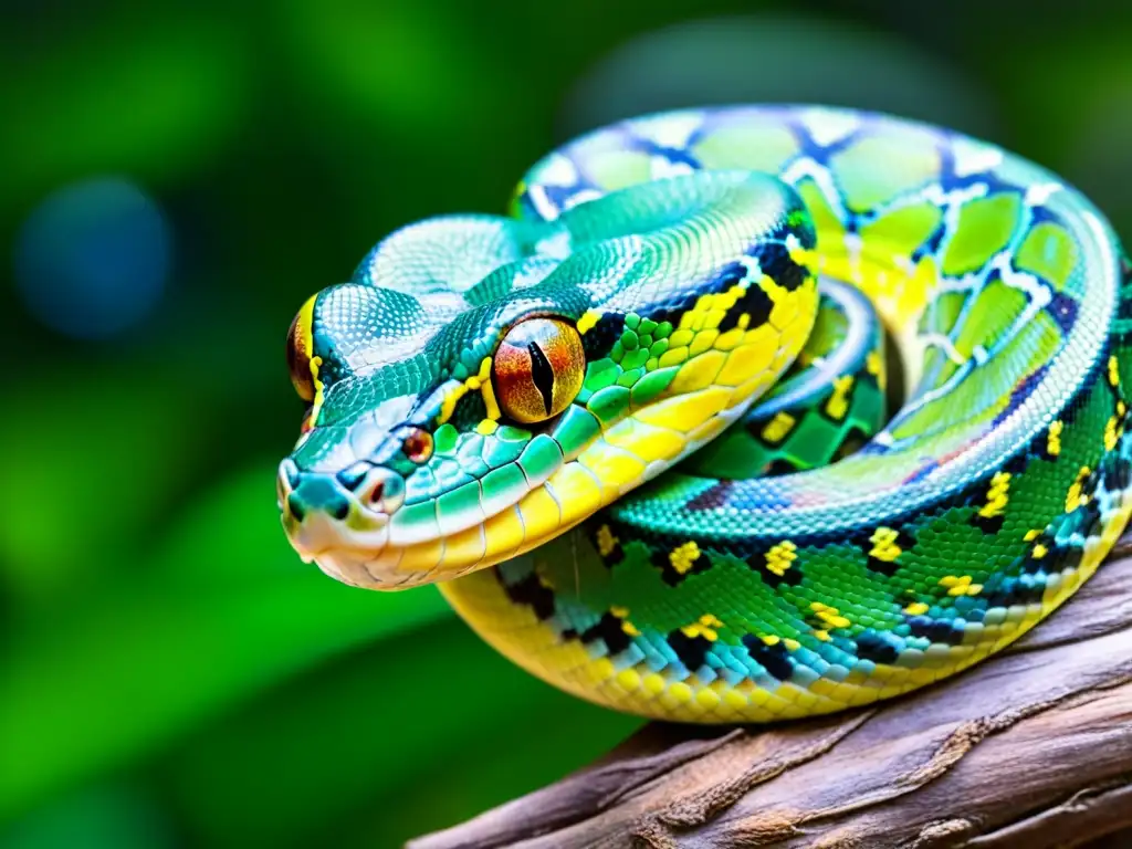 Una serpiente pitón verde vibrante enroscada en una rama, con escamas iridiscentes que van del verde esmeralda al azul y amarillo