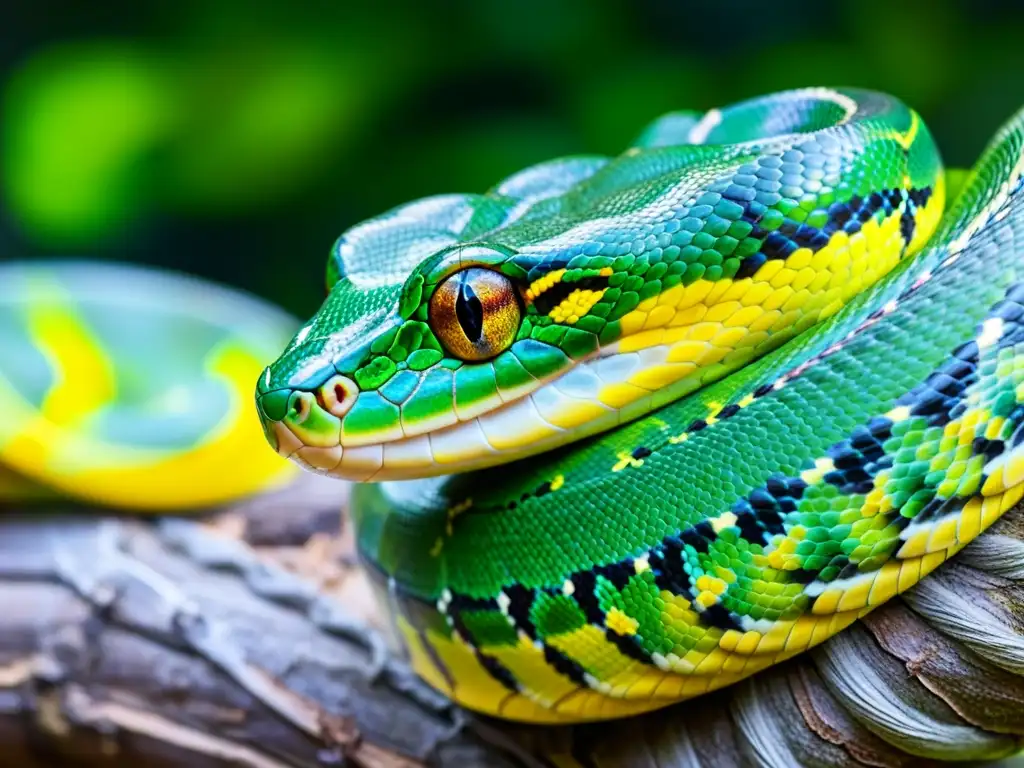 Una serpiente pitón verde vibrante enroscada en una rama, mostrando sus escamas y ojos detallados