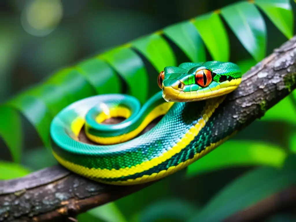 Una serpiente verde vibrante, con escamas iridiscentes y ojos amarillos, se enrosca en una rama en la selva, con un fondo de exuberante vegetación