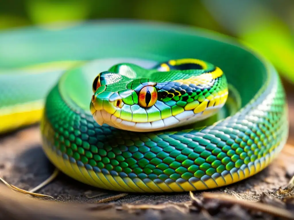 Víbora verde exquisita: mirada hipnótica y escamas brillantes Una serpiente verde vibrante, con escamas brillantes y ojos amarillos, evocando la fascinación por las serpientes