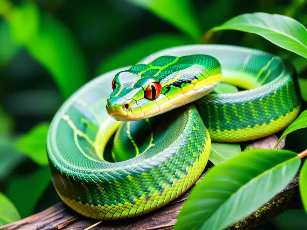 Una serpiente verde vibrante se desliza entre la exuberante vegetación del bosque tropical, capturando la energía y gracia de este fascinante reptil