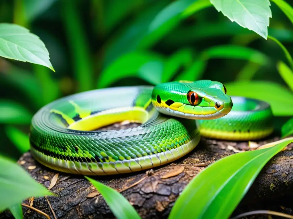 Una serpiente verde vibrante serpenteando en la exuberante jungla, destaca la fragilidad de su hábitat y la pérdida de biodiversidad