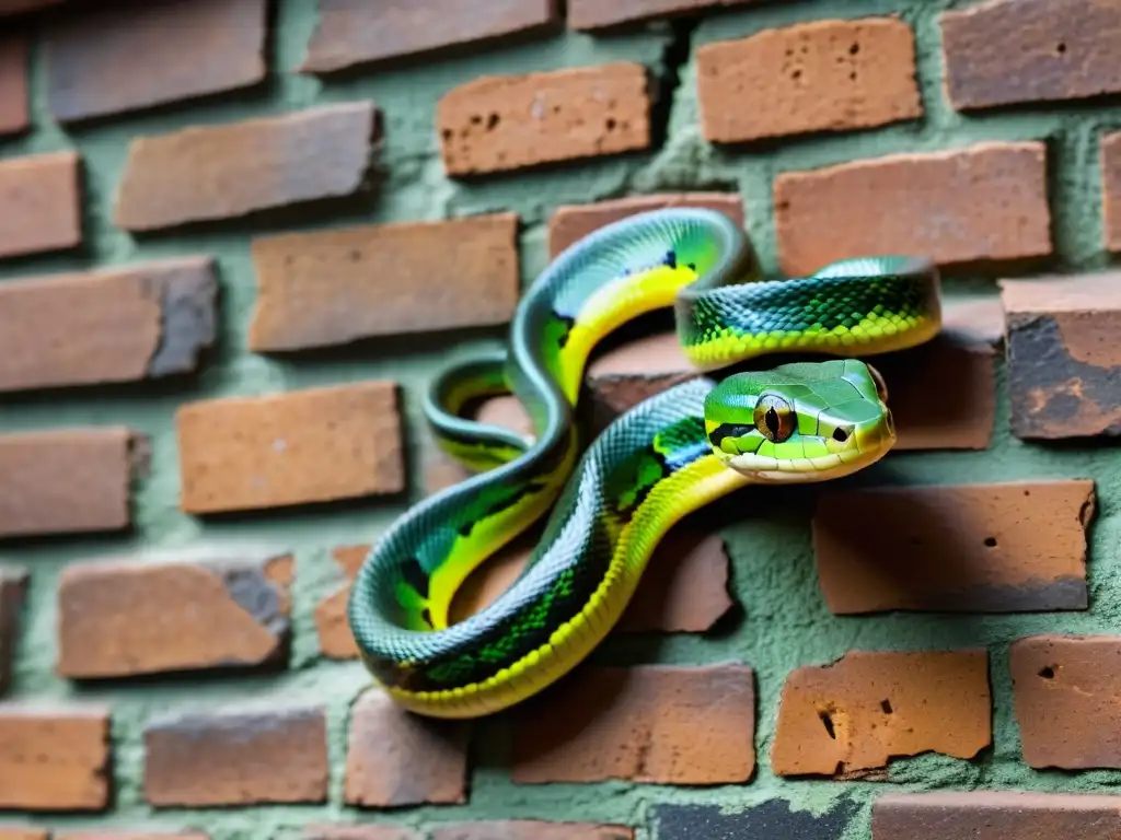 Una serpiente verde vibrante se desliza por una pared de ladrillos en un área urbana, destacando la conservación de serpientes en áreas urbanas