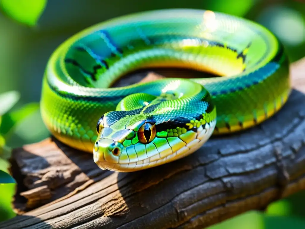 Una serpiente verde vibrante se enrosca alrededor de una rama, con sus escamas reluciendo al sol