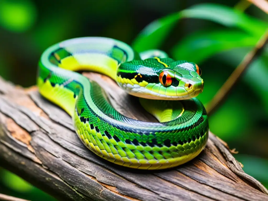 Una serpiente verde vibrante se enrosca en una rama en la selva tropical