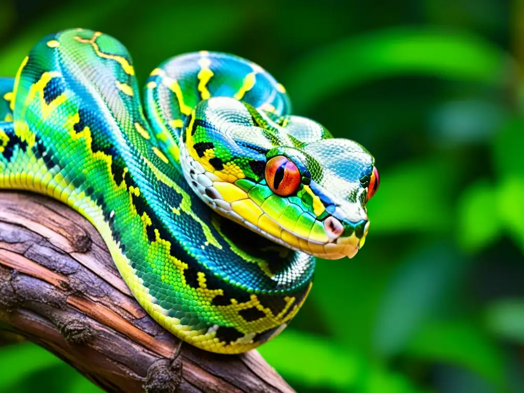 Una serpiente pitón verde vibrante se enrosca alrededor de una rama en la exuberante selva