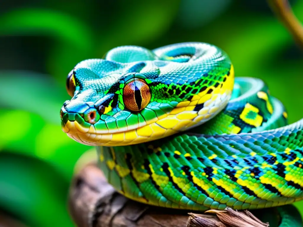 Una serpiente pitón verde vibrante se enrosca alrededor de una rama, mostrando sus escamas intrincadas y su mirada intensa en un entorno natural