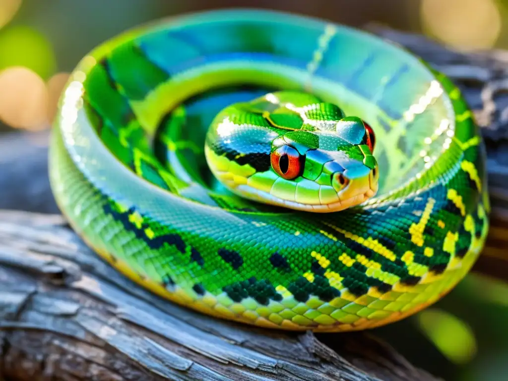 Una serpiente verde vibrante se enrosca en una rama, lista y adaptable