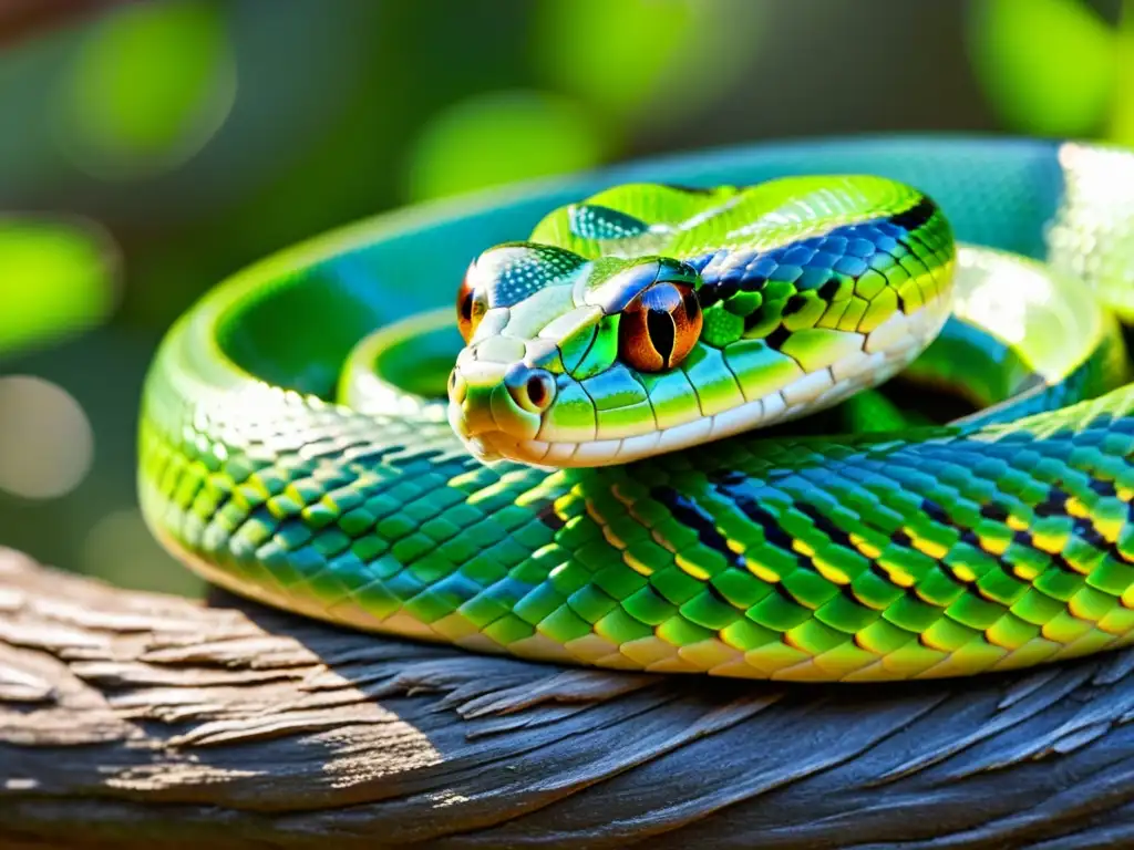 Una serpiente verde vibrante se enrosca alrededor de una rama, con sus escamas brillantes bajo la luz del sol