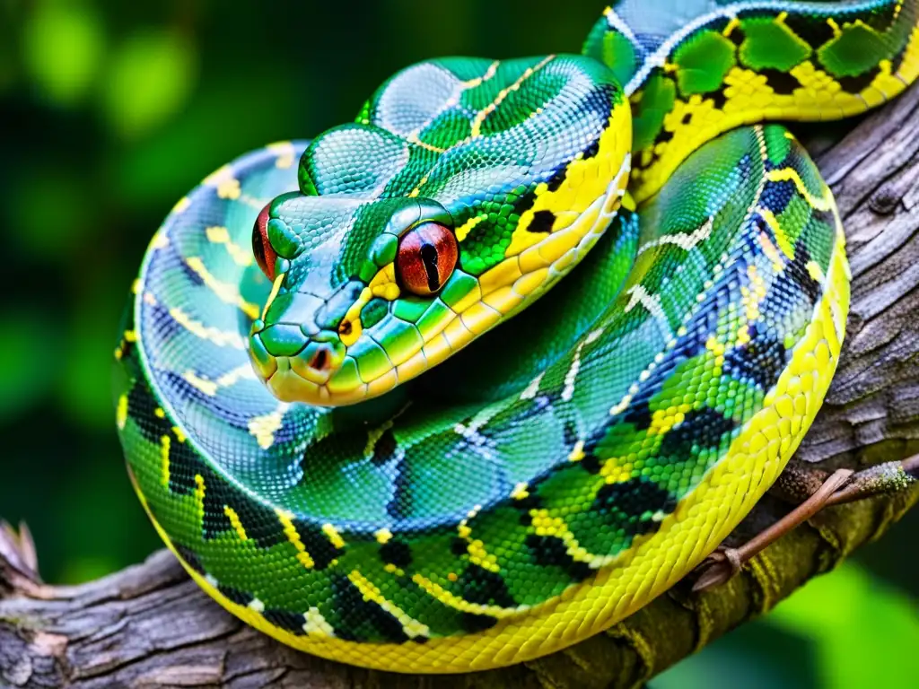 Una serpiente pitón arborícola verde vibrante se enrosca alrededor de una rama, mostrando sus patrones de escamas e intensa coloración