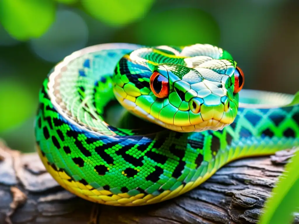 Una serpiente verde vibrante se enrosca alrededor de una rama, mostrando sus patrones hipnóticos y escamas detalladas