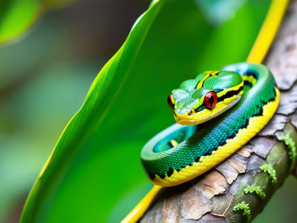 Una serpiente verde vibrante se enrosca alrededor de una rama en la exuberante selva tropical, mostrando métodos de estudio en su hábitat natural