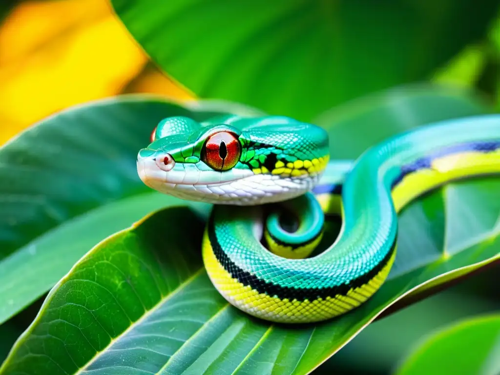 Una serpiente verde vibrante se enrosca en las ramas de una planta tropical, observando atentamente a un camaleón colorido