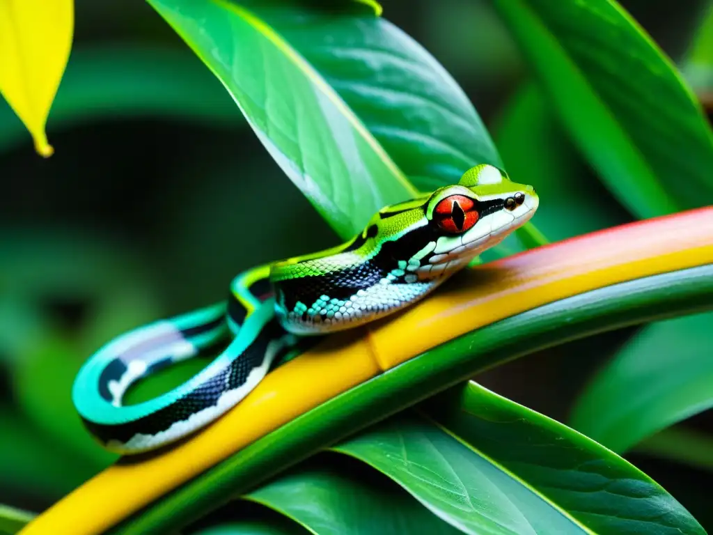 Una serpiente verde vibrante rodea a una rana venenosa en la selva, destacando la relación entre reptiles y plantas tóxicas