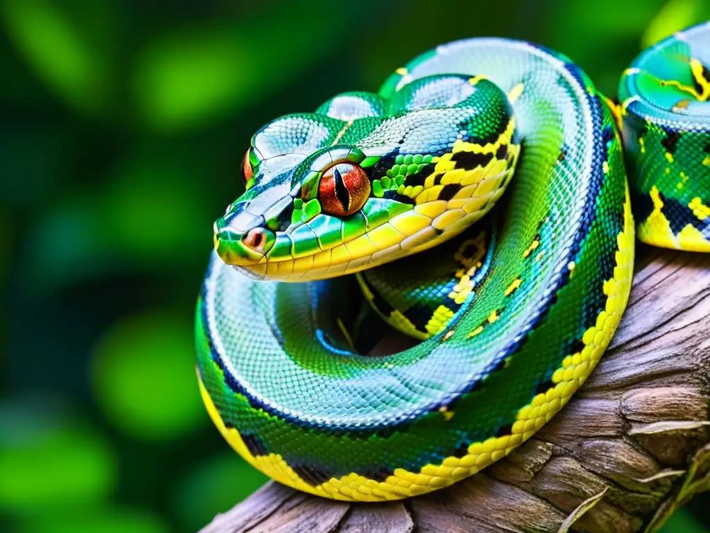 Una serpiente pitón verde vibrante en la selva tropical, destacando su función de la serpiente en el ecosistema