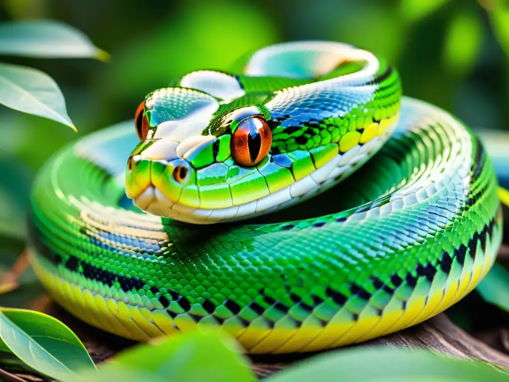 Serpiente verde vibrante en la selva exuberante Una serpiente verde vibrante en la selva, con escamas brillantes bajo el sol