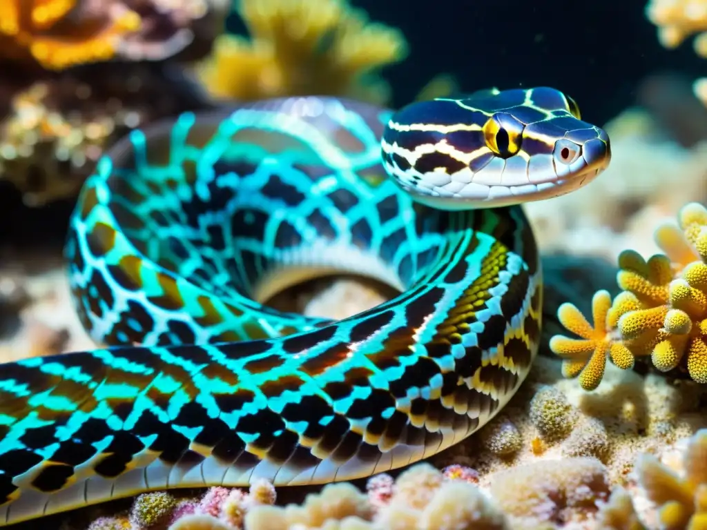 Una serpiente marina vibrante y detallada tejiéndose graciosamente a través del coral colorido en una relación simbiótica fascinante