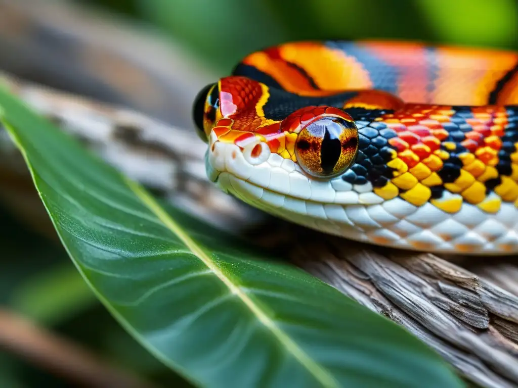 Una serpiente de maíz vibrante y patrón enroscada en una rama, con escamas relucientes al sol