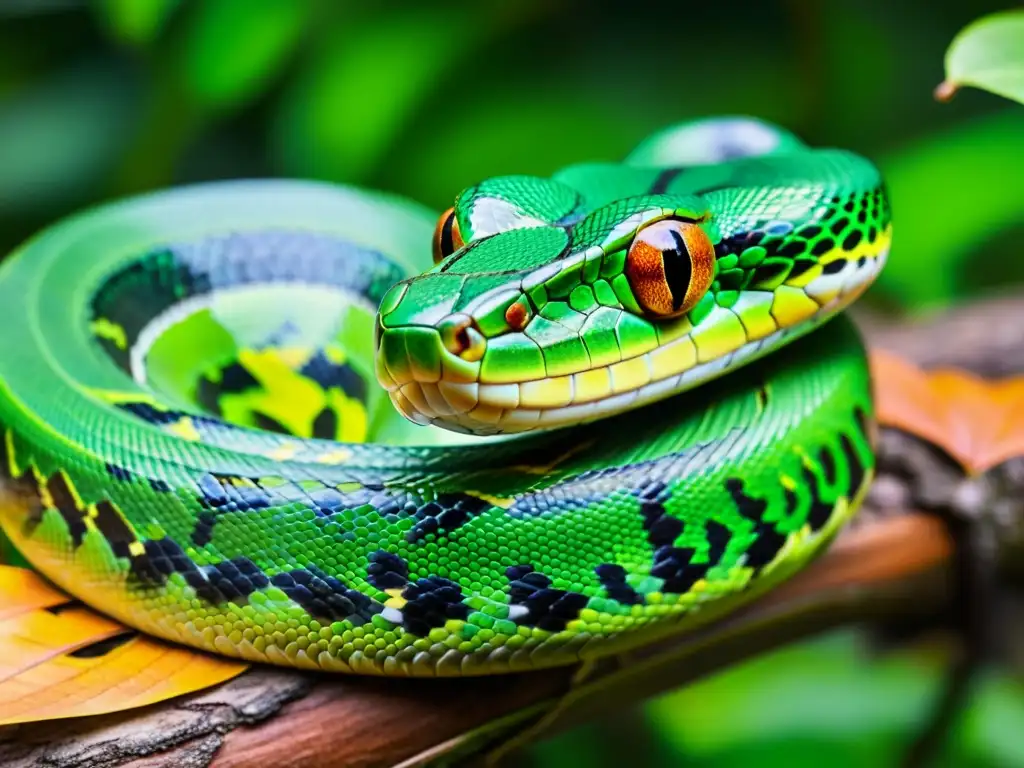 Fotografiar serpientes en la naturaleza: una serpiente verde vibrante se enrosca en una rama en la exuberante selva