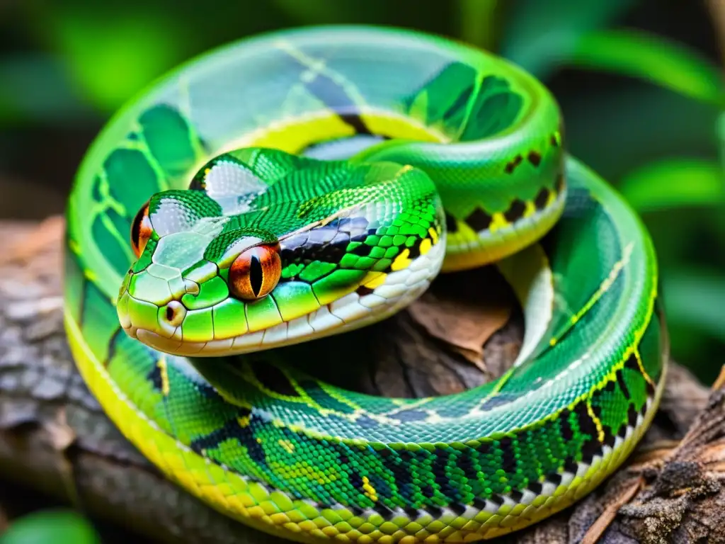 Fotografiar serpientes en la naturaleza: Una serpiente verde vibrante en la selva, con escamas relucientes y una mirada intensa