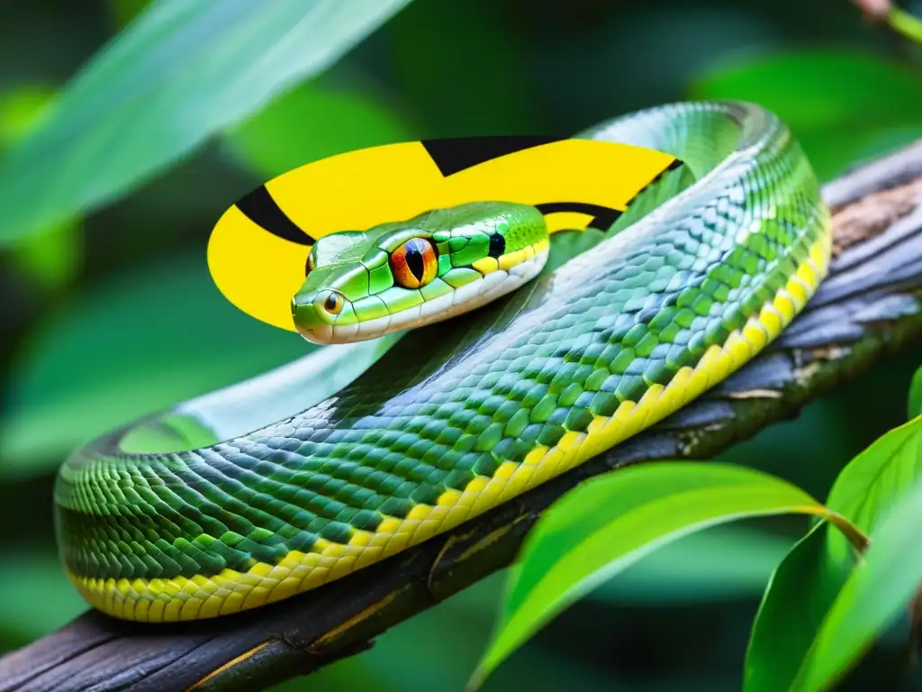 Fotografiar serpientes en la naturaleza: Serpiente verde brillante en la selva tropical, con escamas relucientes y ojos amarillos intensos