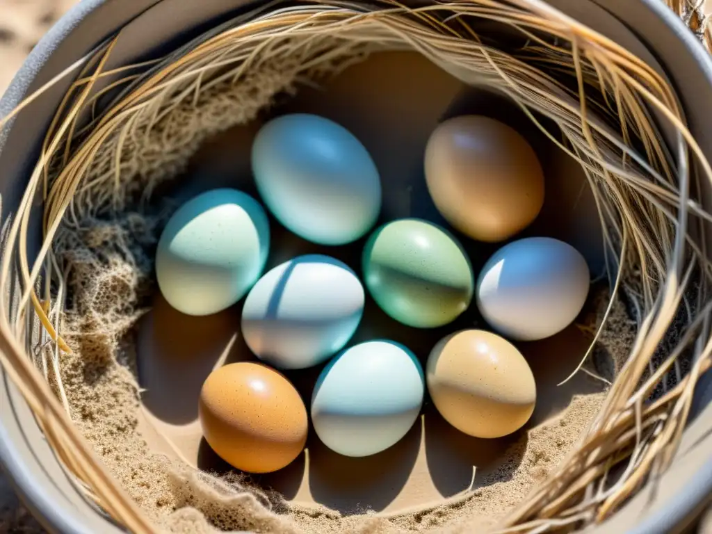 Determinación sexual en reptiles mediante temperatura: detallada foto de huevos en nido de arena y ramas, bañados por luz filtrada entre hojas