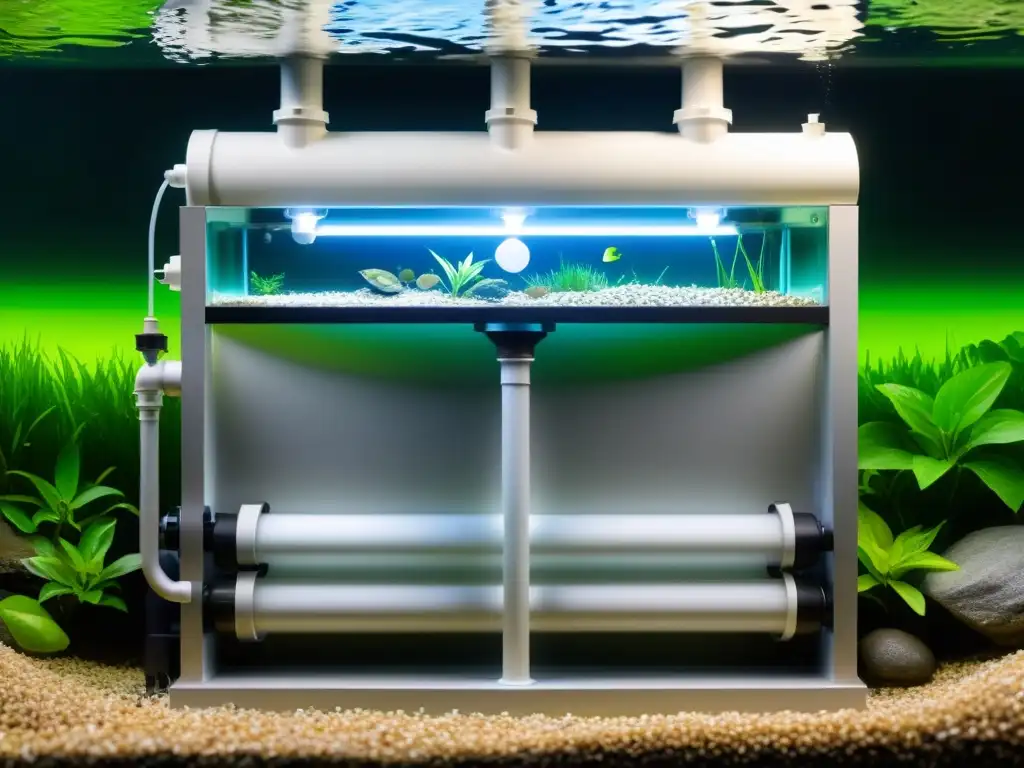 Un sistema de filtración de agua de alta tecnología diseñado para hábitats de anfibios, con detalles impresionantes y un hábitat próspero de fondo