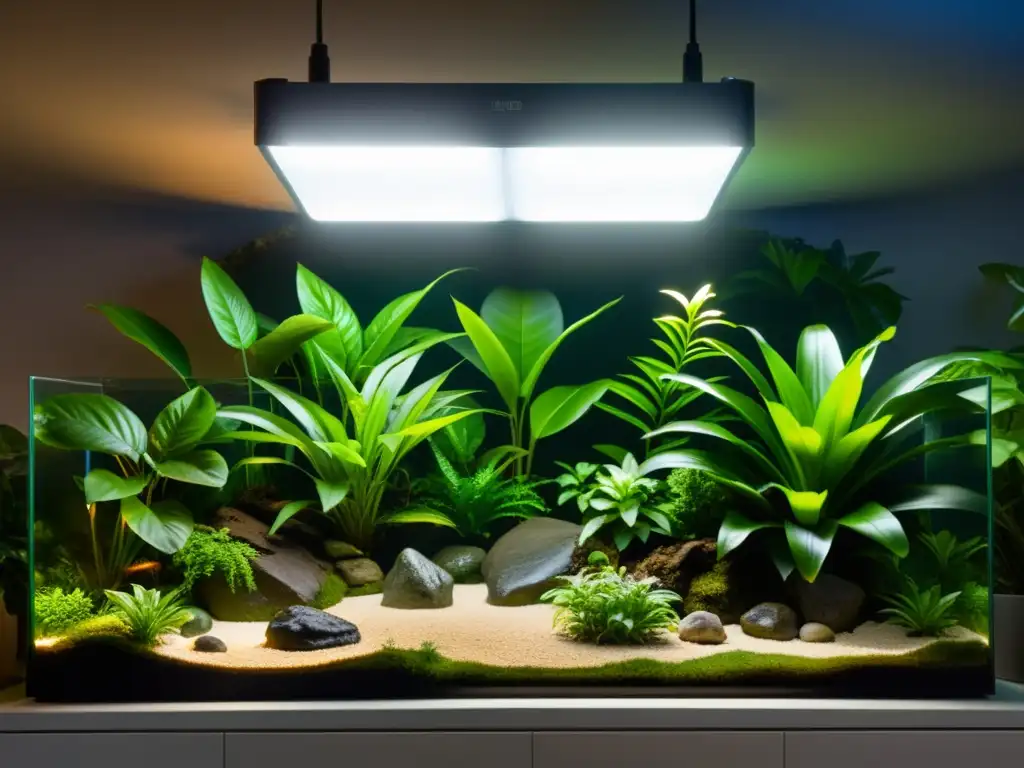 Sistema de iluminación LED para anfibios en hábitat natural con detalles ultradetallados y atmósfera cálida y brillante