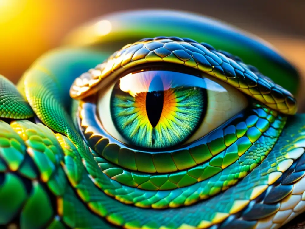 Serpiente con sistema sensorial en reptiles: detallada imagen del ojo con pupila, escamas irisadas y textura de la piel