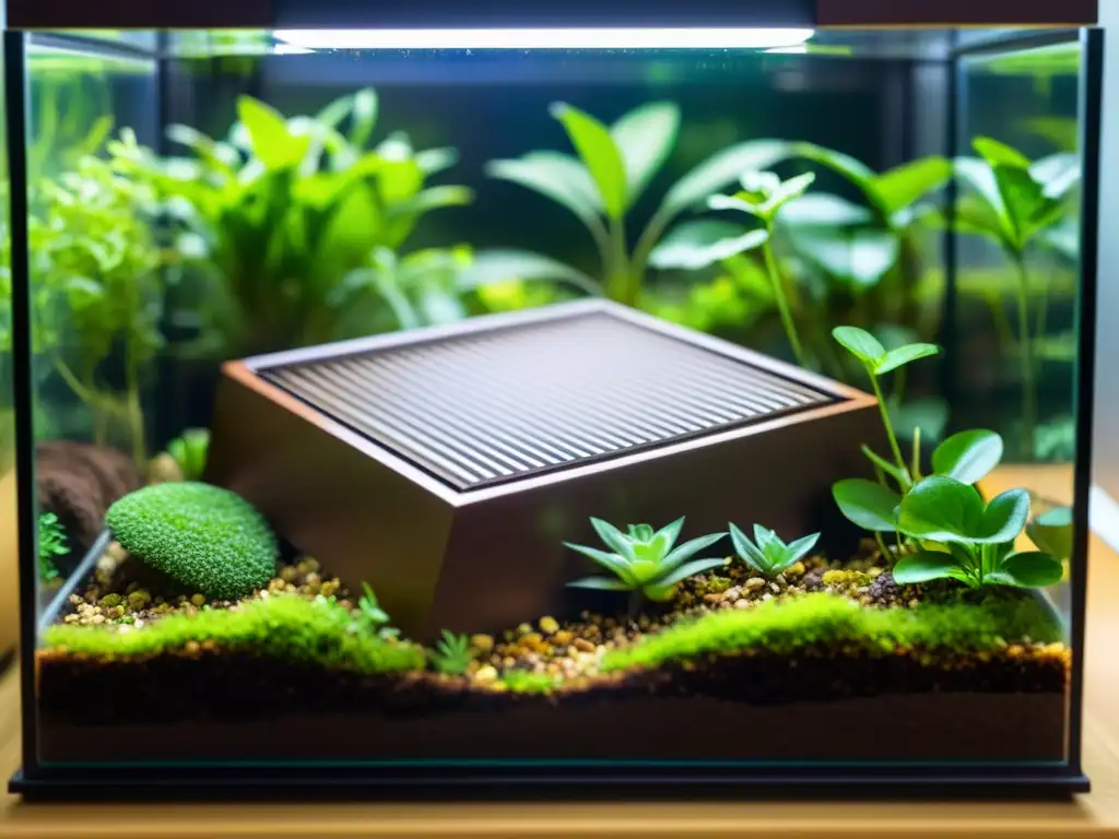 Un sistema de sustrato inteligente para anfibios en un terrario de cristal, con sensores integrados y un panel de control