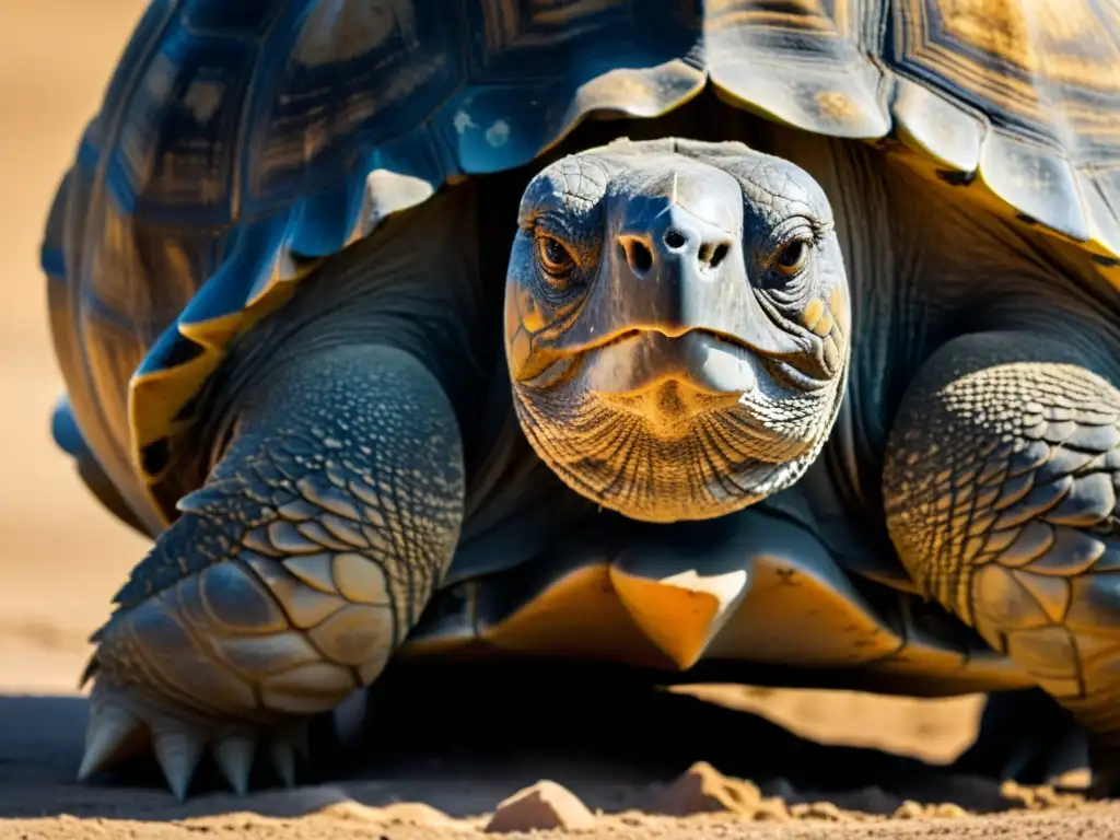 El sol ilumina los patrones y texturas de la concha de una tortuga gigante, mostrando su resistencia y longevidad