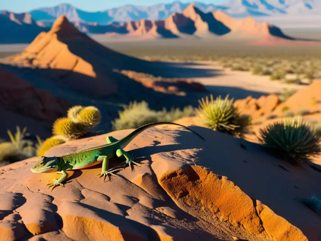 Un solitario lagarto se relaja en una roca, bajo el sol del desierto