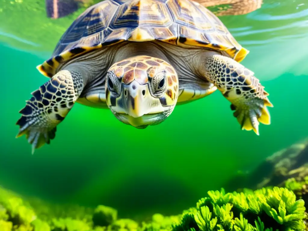 Una tortuga acuática sumergida en agua cristalina, con su caparazón adornado con algas verdes