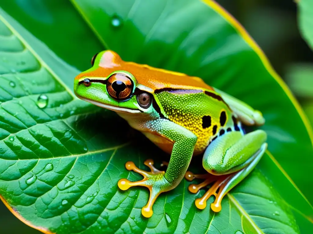 Táctica de defensa en anfibios y reptiles: una rana verde camuflada en una hoja vibrante, con textura de piel detallada y ojos dorados