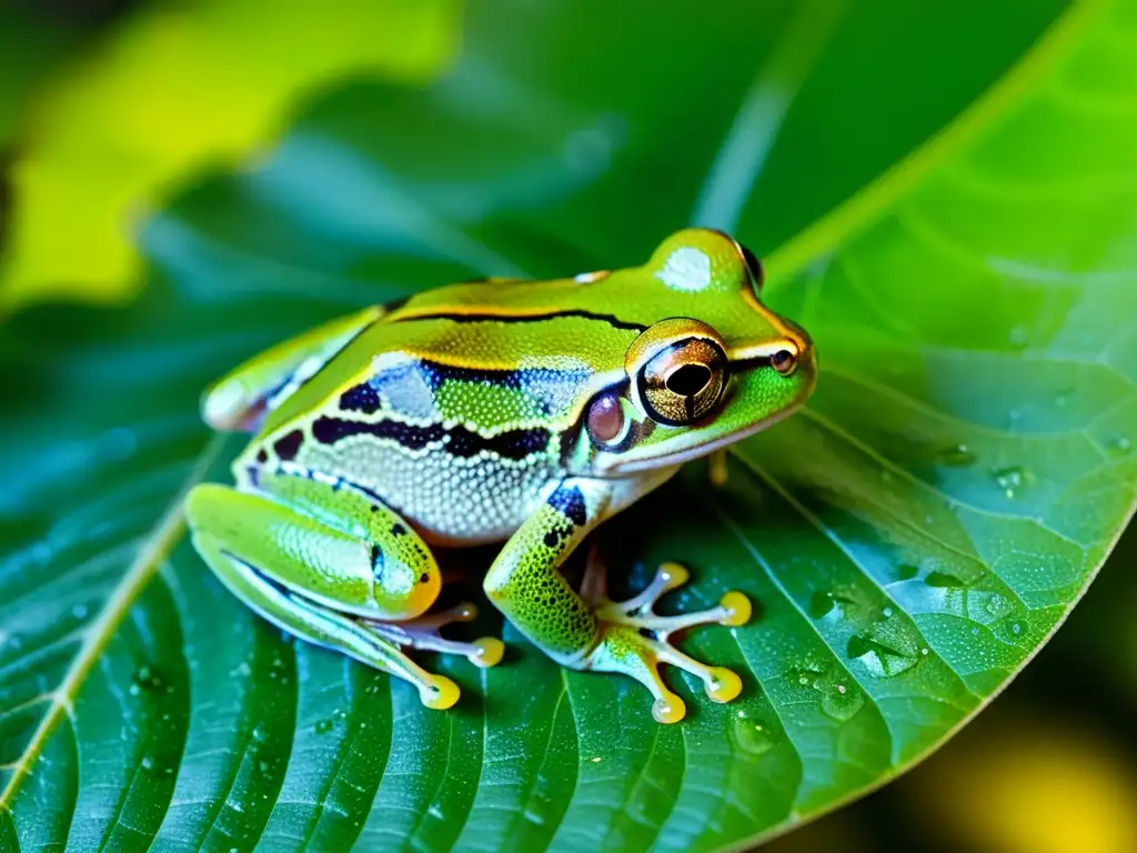 Talleres de biología de reptiles: Detalle asombroso de una rana verde sobre una hoja, con gotas de agua y texturas vibrantes