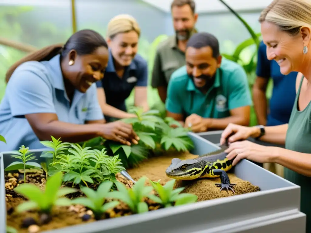 Talleres de conservación de reptiles: Comunidad construyendo hábitats para reptiles con expertos y niños observando con asombro