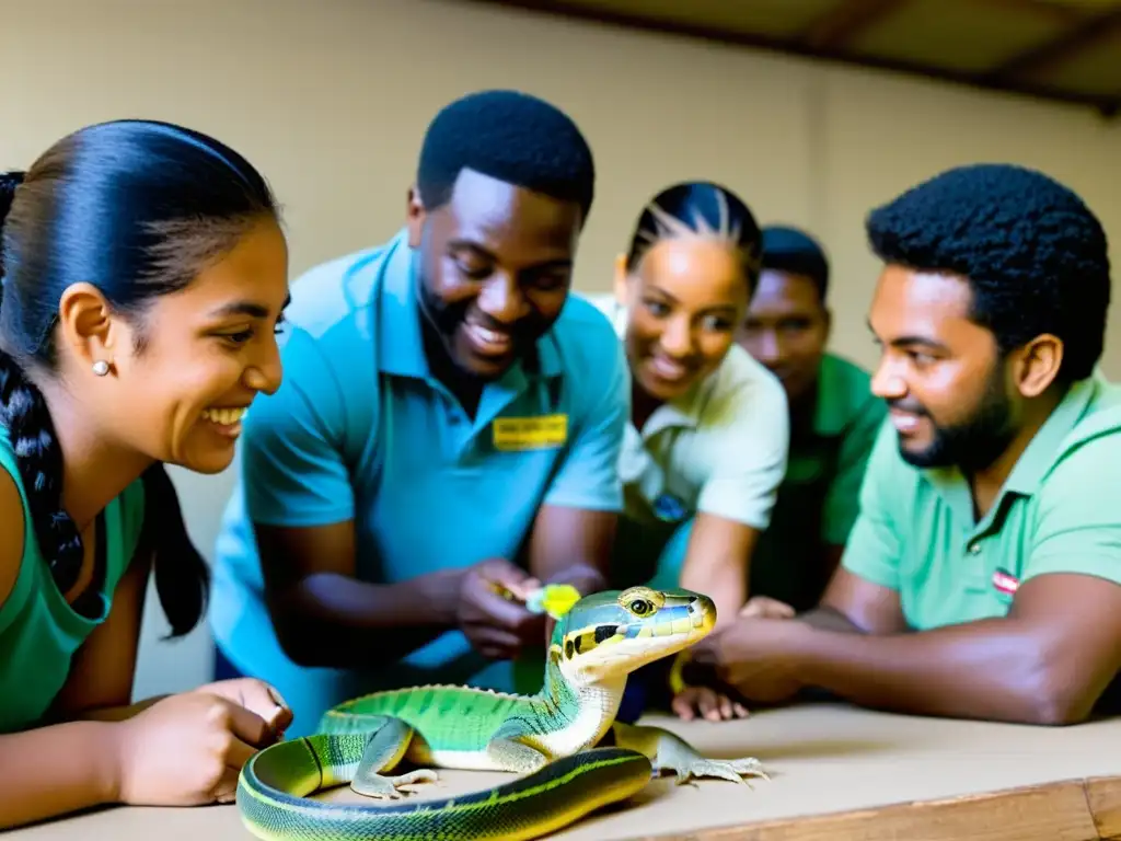 Talleres de conservación de reptiles: Comunidad participa en taller de estudio y manejo de reptiles al aire libre, mostrando curiosidad y aprendizaje