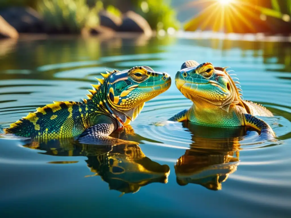 Técnicas de apareamiento de reptiles acuáticos: macho despliega colorido cortejo mientras hembra observa desde el agua, bajo el brillo del sol