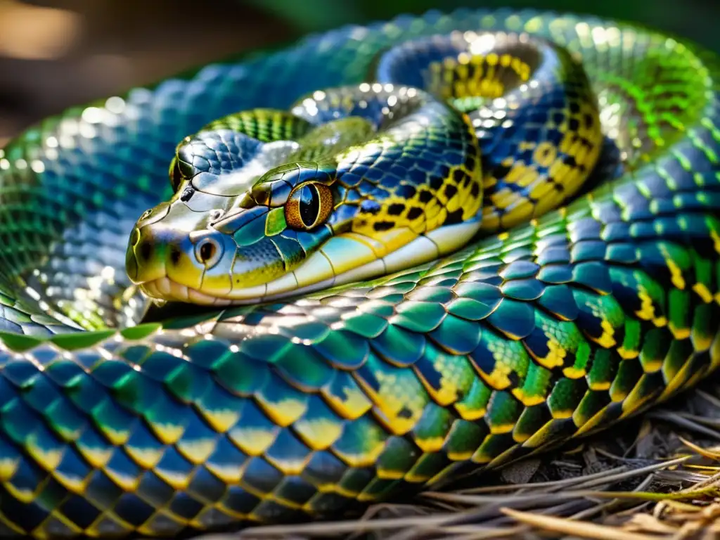 Técnicas fotográficas para reptiles grandes: Detalle de las escamas de una anaconda verde, resaltando su textura y brillo bajo la luz solar