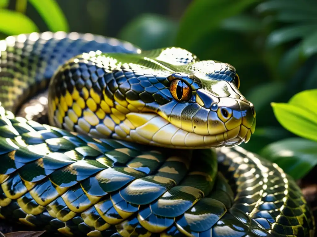 Técnicas fotográficas para reptiles grandes: Detalle de las escamas húmedas de una anaconda gigante bajo la luz filtrada del bosque tropical