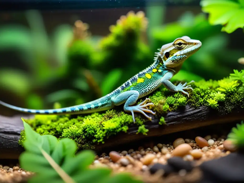 Un terrario bioactivo para lagartos, con un ecosistema exuberante y detallado, donde un lagarto se posa en una rama bajo una lámpara de calor