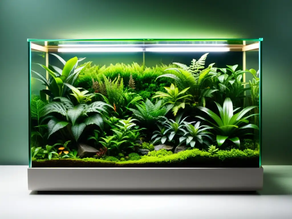 Un terrario bioactivo para lagartos rebosante de vida y exuberante vegetación, con una cascada y un pequeño lagarto camuflado entre las plantas