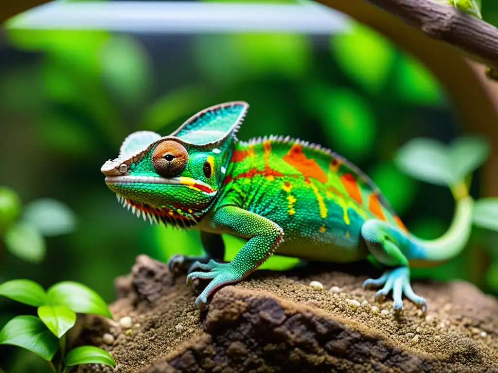 Un camaleón enriquece su terrario con su camuflaje natural entre exuberante vegetación